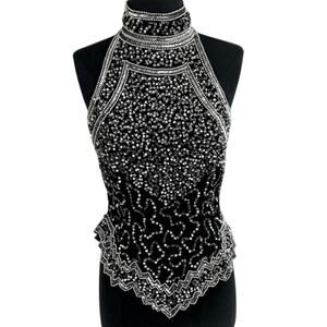 Vintage Laurence Kazar Black Hand Beaded Sequin Top Halter Evening Blouse Sequin